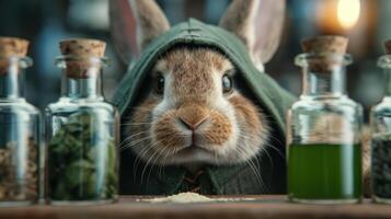 Curious rabbit in a hooded jacket photo