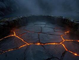 Glowing lava cracks in volcanic landscape photo