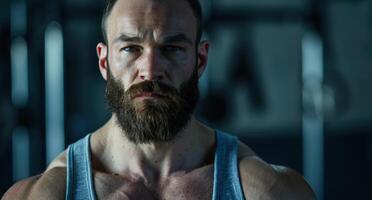 Serious bearded man looking intensely photo
