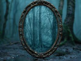 Antique mirror in a dark forest photo