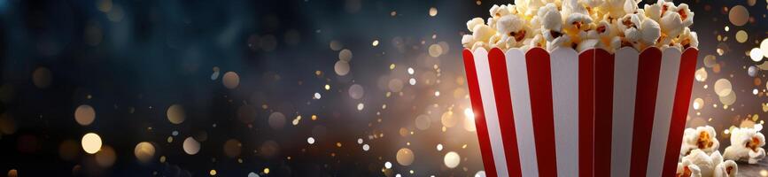 Popcorn on a dark background with sparkling lights photo