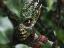 Mysterious jungle creature peering through foliage photo