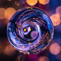 Colorful abstract glass sphere with bokeh lights photo