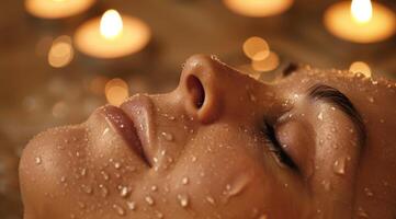 close up of a womans face with water droplets photo