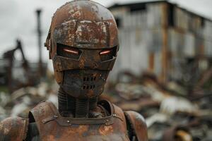 Rusted robot with glowing red eyes in abandoned industrial setting photo