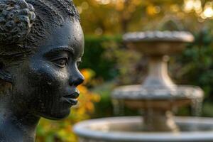 Serene bronze statue in tranquil garden photo