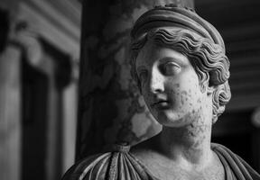 Weathered stone statue with intricate facial features photo