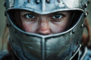 intense gaze of a person in military helmet photo