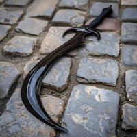 Dangerous medieval dagger on stone pavement photo