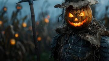 Spooky jack o lantern in the dark forest photo
