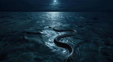 Mysterious snake swimming in dark ocean photo