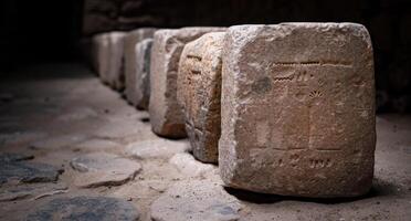 ancient stone tablets with carved symbols photo