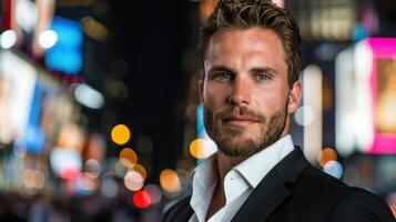 Handsome man in suit posing in city at night photo