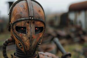 Mysterious warrior with glowing red eyes photo