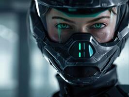 intense futuristic soldier with glowing green eyes photo