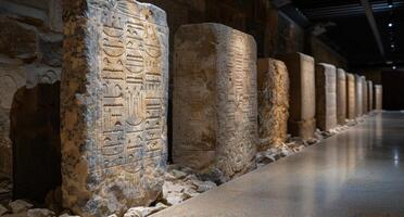 ancient egyptian hieroglyphic stone tablets in museum display photo