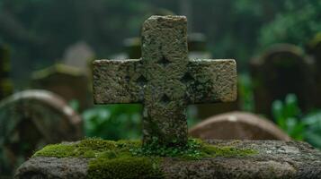 Weathered stone cross in a mossy forest photo