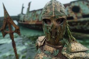 Warrior in camouflage mask and armor with spear photo