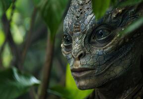 Close up of a detailed fantasy creature with scaly skin and piercing eyes photo