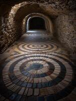 Intricate mosaic pattern in an ancient stone tunnel photo