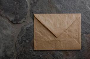 Crumpled brown envelope on dark slate background photo