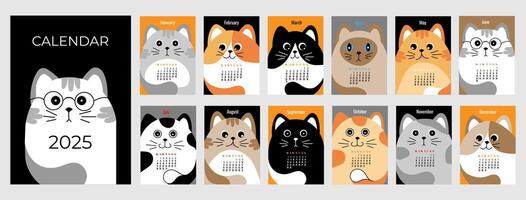 Calendar for 2025 Set of 12 month illustration in vertical format A4 A5. Hand Drawn kitten in cartoon style. Week starts on Monday. vector