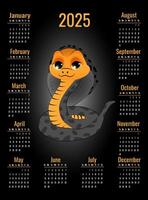 Calendar for 2025 with symbol of the year. Cute snake on black background. Week starts on Sunday. Illustration in vertical format A4, A5. vector