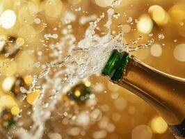 Champagne bottle popping with golden bubbles photo