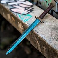 Ornate medieval style dagger on graffiti covered concrete photo
