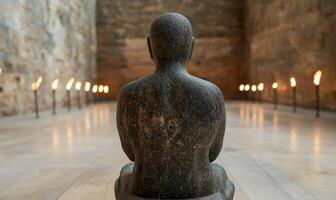 Contemplative stone sculpture in dimly lit hallway photo
