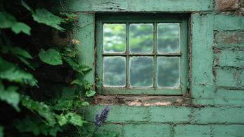 Weathered green window frame with overgrown plants photo