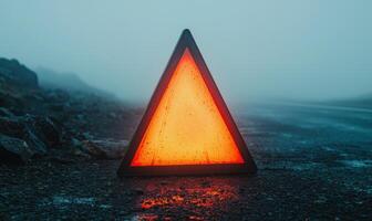 Glowing warning triangle on a foggy road photo