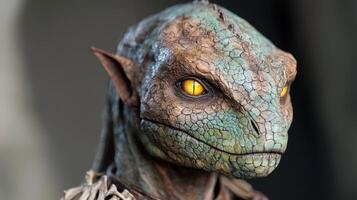 Close up of a scaly reptile with vibrant yellow eyes photo