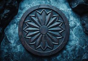 Intricate wooden carving of a flower like design on a dark rocky background photo