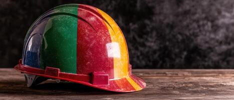 Colorful hard hat on wooden table photo