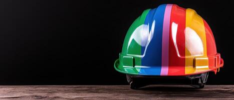 Colorful construction helmet on wooden table photo