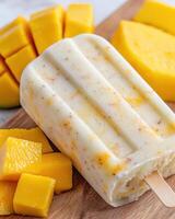 Delicious mango popsicle on wooden background photo