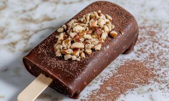 Chocolate popsicle with chopped nuts photo