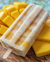 Delicious mango popsicle on wooden background photo