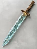 Ornamental fantasy sword with wooden handle and crystal blade photo