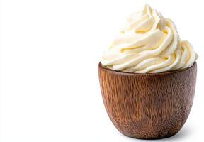 Creamy vanilla ice cream in a wooden bowl photo