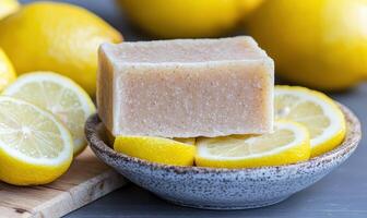 Homemade lemon soap bar with fresh lemons photo