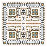 Colorful pixelated tribal pattern with symmetrical design on a white background. vector