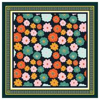 A square floral print pattern in vibrant colors set against a solid black background, vector