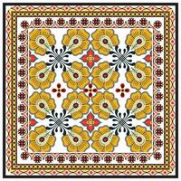 A decorative square traditional flower print pattern design showcasing bright yellow flowers interspersed with red and black accents for a lively appearance. vector