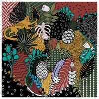 The image is a vibrant and whimsical illustration of a jungle scene. A monkey is perched on a large, leafy branch, surrounded by a profusion of exotic plants and flowers square shape scarf print vector