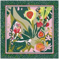 A vibrant and abstract a tropical garden. green leaves, punctuated by white dots, swirl and intertwine, creating a sense of depth and movement. Vivid red and pink flowers bloom amongst the greenery. vector