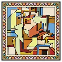 Abstract Geometric Scarf Print Pattern a variety of shapes such as triangles, circles, hexagons, and squares, a diverse array of colors bright blues, reds, yellows, and pinks. vector