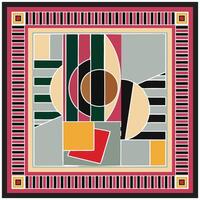 Abstract square Scarf Print Pattern, geometric artwork featuring a central square composed of various shapes and colors, A combination of circles, rectangles, and curved lines in shades of Colors. vector