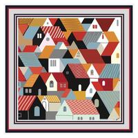 A vibrant illustration showcasing various houses, each adorned with distinct, colorful roofs against a bright background. Square shape scarf with Line border. vector